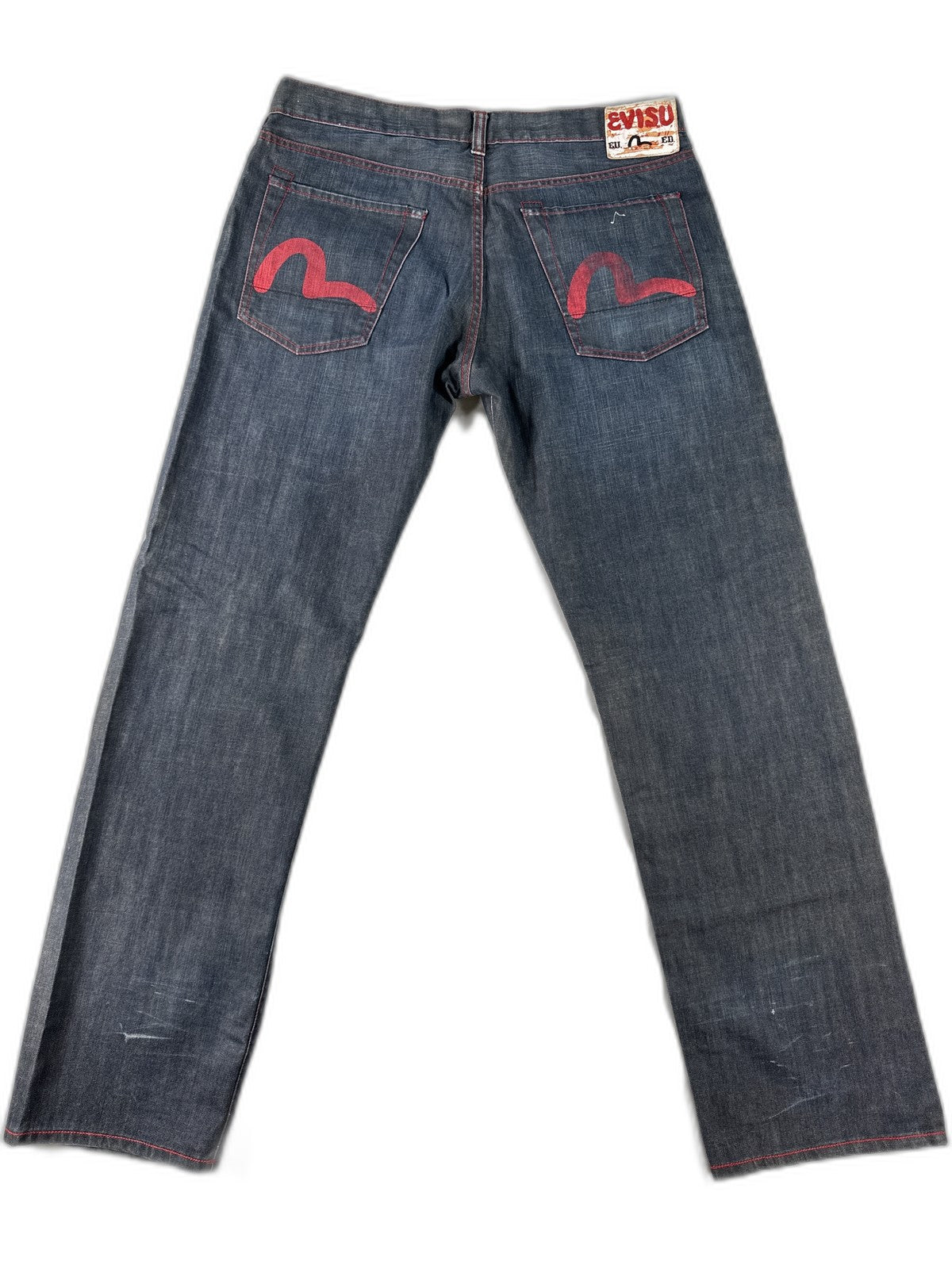 EVISU Classic Straight Leg Jeans 36 Blue 100% Cotton Faded Look Red Denim