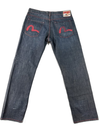 EVISU Classic Straight Leg Jeans 36 Blue 100% Cotton Faded Look Red Denim
