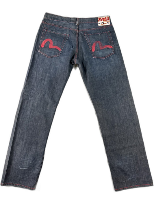 EVISU Classic Straight Leg Jeans 36 Blue 100% Cotton Faded Look Red Denim