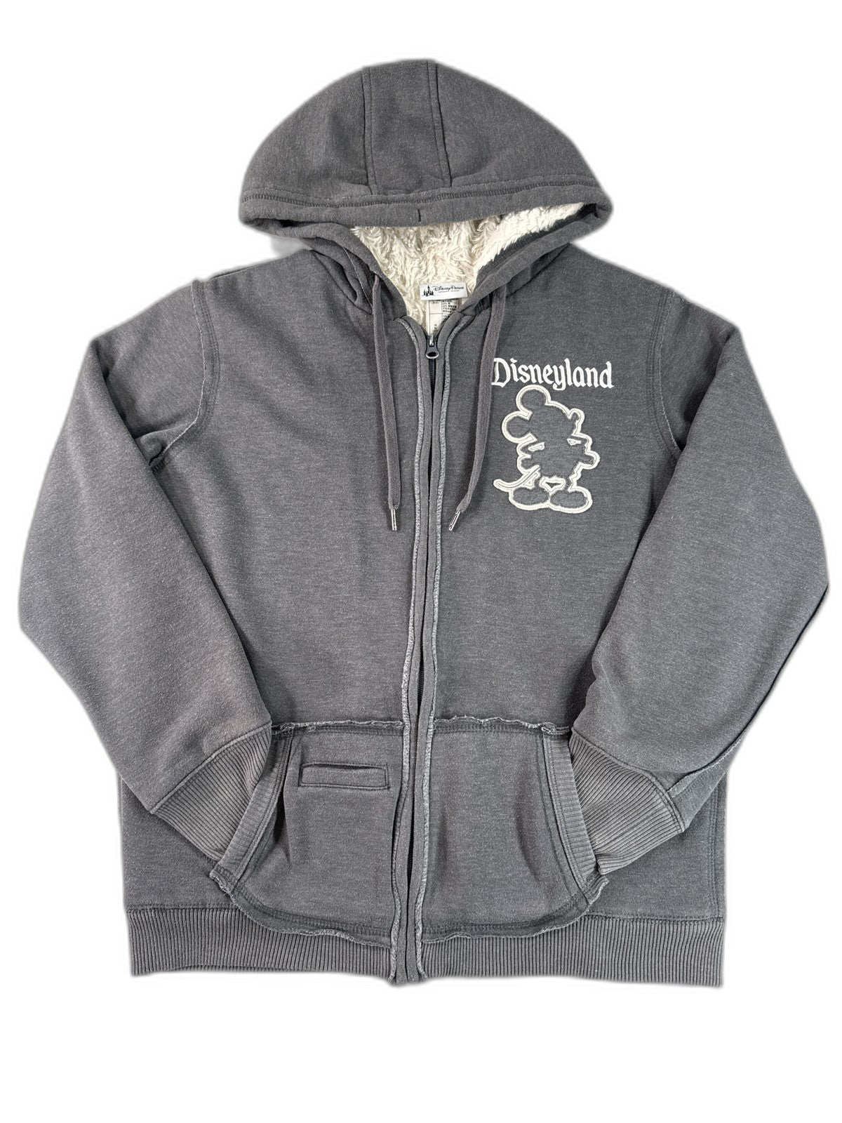 Disney Parks Mickey Mouse Hoodie L Gray Cotton Polyester Fleece Lined Zip Up Red