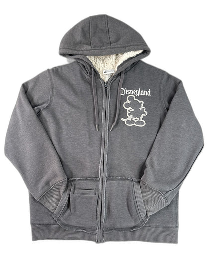 Disney Parks Mickey Mouse Hoodie L Gray Cotton Polyester Fleece Lined Zip Up Red