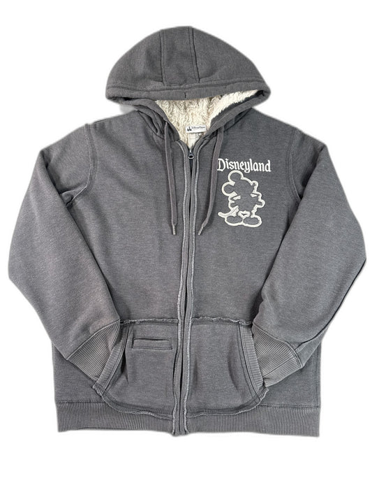 Disney Parks Mickey Mouse Hoodie L Gray Cotton Polyester Fleece Lined Zip Up Red