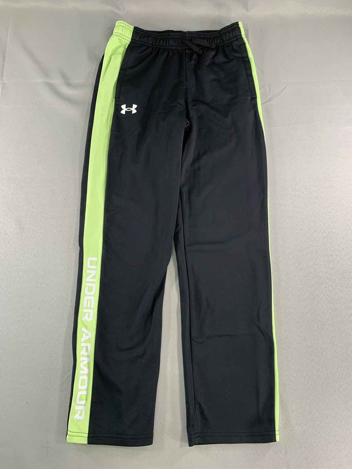 Under Armour Pants Youth Medium Black Neon Green Track Athletic Logo Drawstring