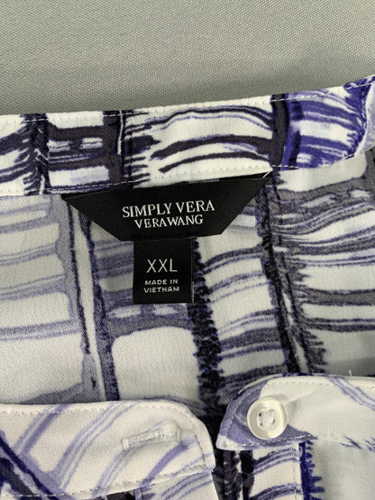 Simply Vera Wang Blouse Womens 2XL Blue White Sleeveless Ruffle Top Plus Pattern