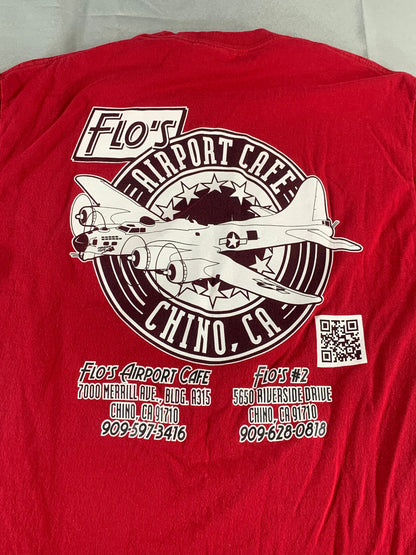Flo’s Airport Cafe Chino CA T-Shirt Red Port & Co Plane Diner Graphic L Vintage