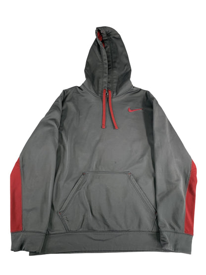Nike Therma-Fit Hoodie Mens Large Gray Red Pullover Sweatshirt Swoosh Logo 100