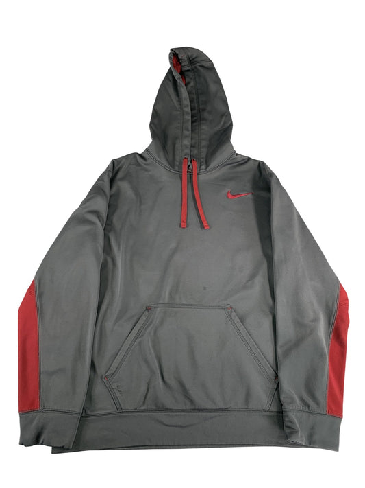 Nike Therma-Fit Hoodie Mens Large Gray Red Pullover Sweatshirt Swoosh Logo 100