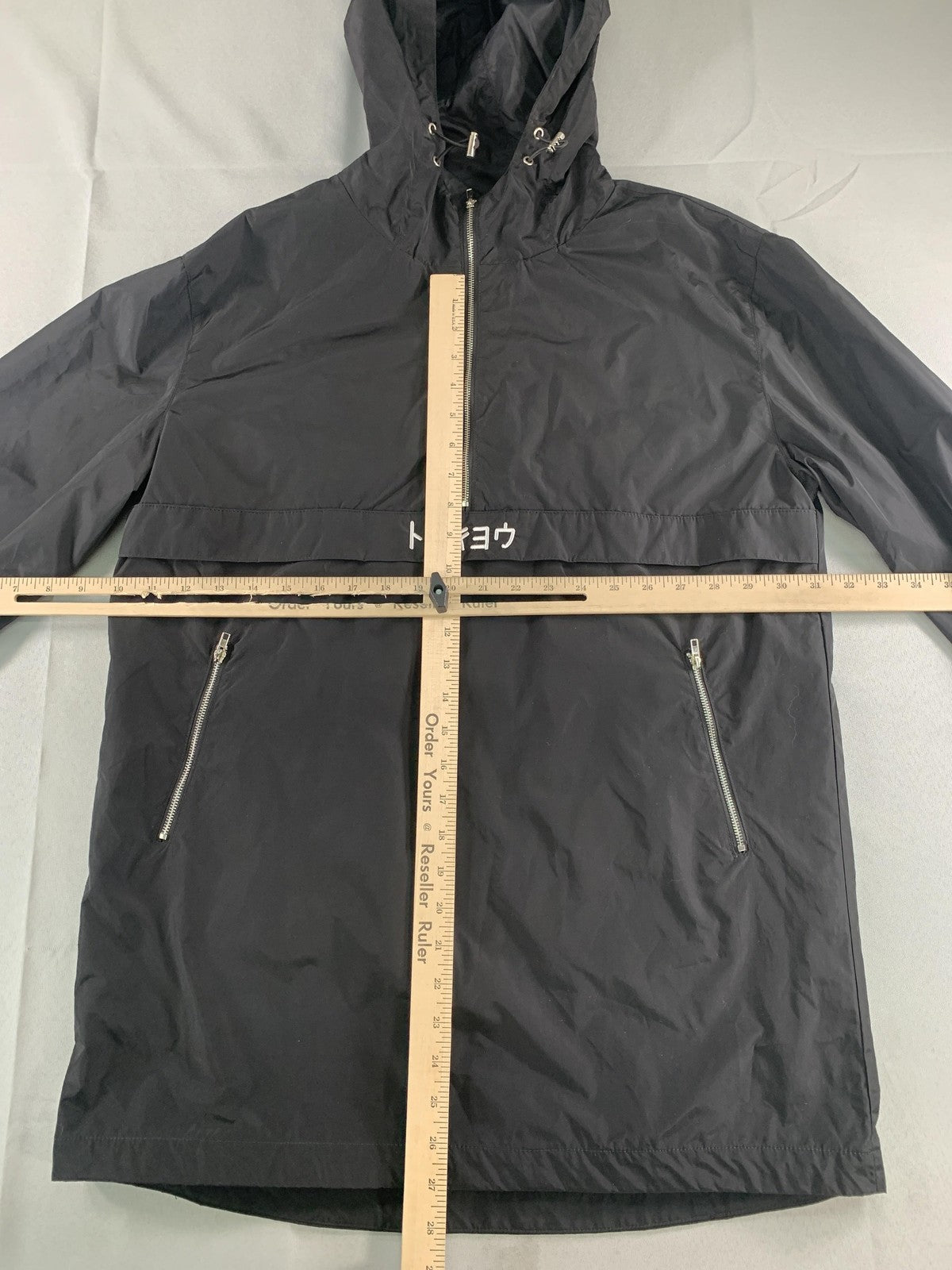 Global Jacket Mens Medium Black Tokyo Hooded Anorak Nylon Zip Pockets Graphic