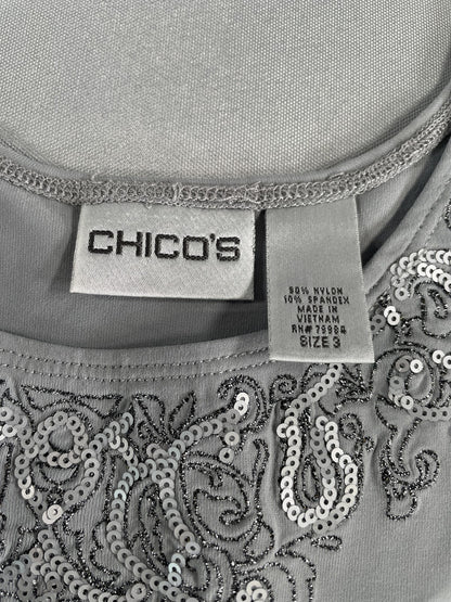 Chicos Tank Top Womens Size 3 Gray Embellished Sequins Sleeveless Stretch Blouse