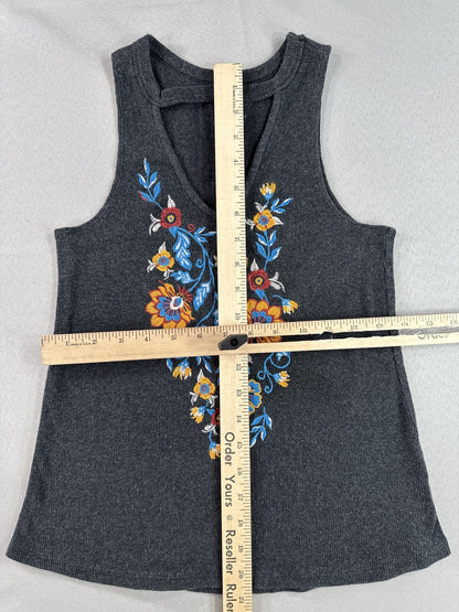 SHYANNE Floral Boho Tank Top XS Charcoal Cotton Blend Neck Sleeveless Womens Tie