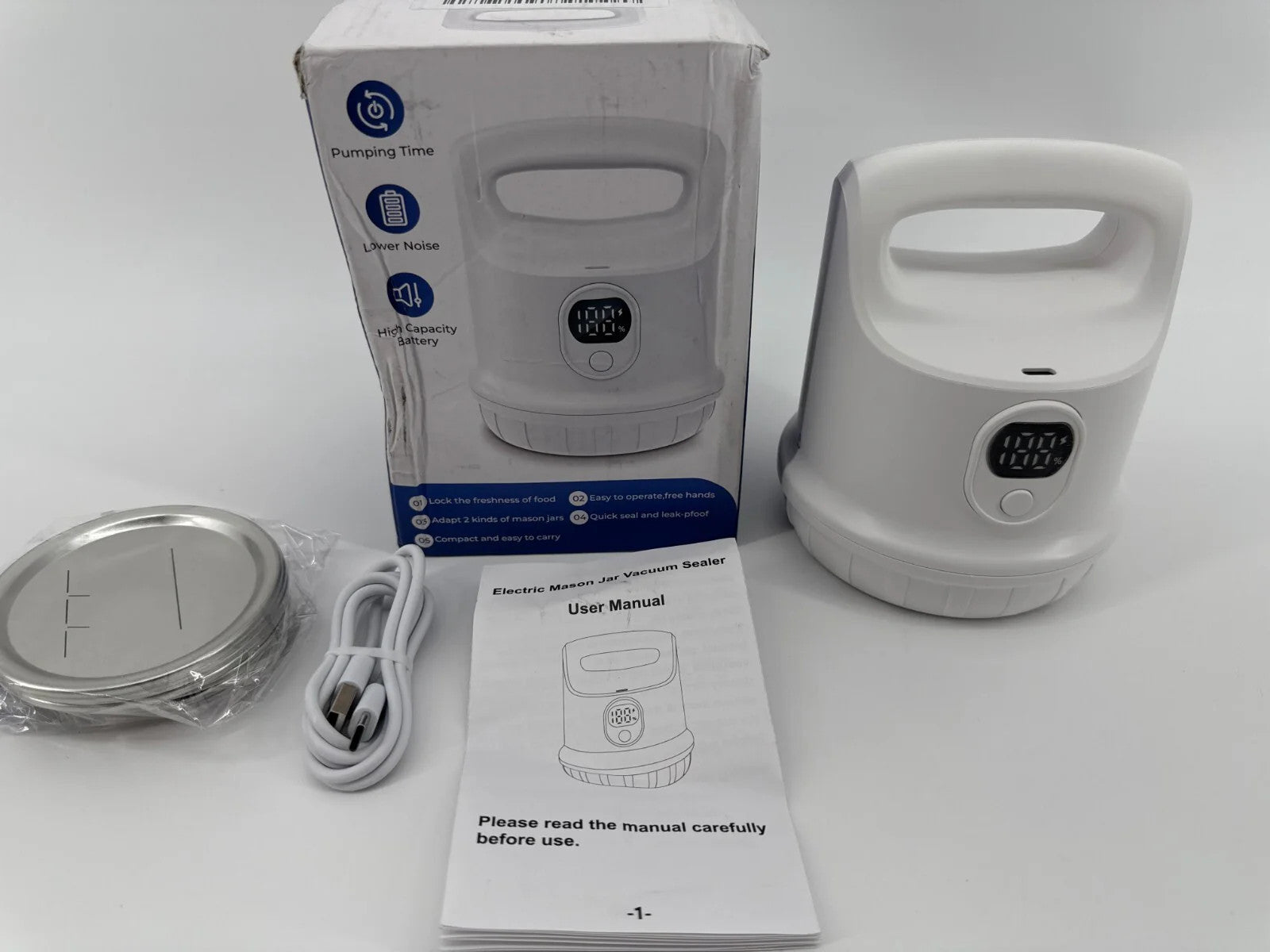 Electric Mason Jar Vacuum Sealer White USB Rechargeable Lid Kit Leak-Proof BPA-F