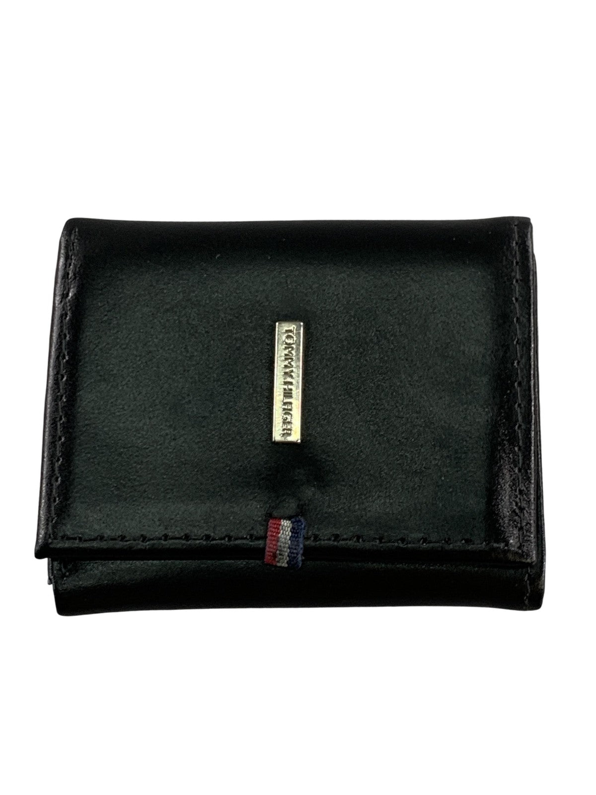 Tommy Hilfiger Wallet Mens Black Leather Trifold ID Window Logo Plaque Card Case