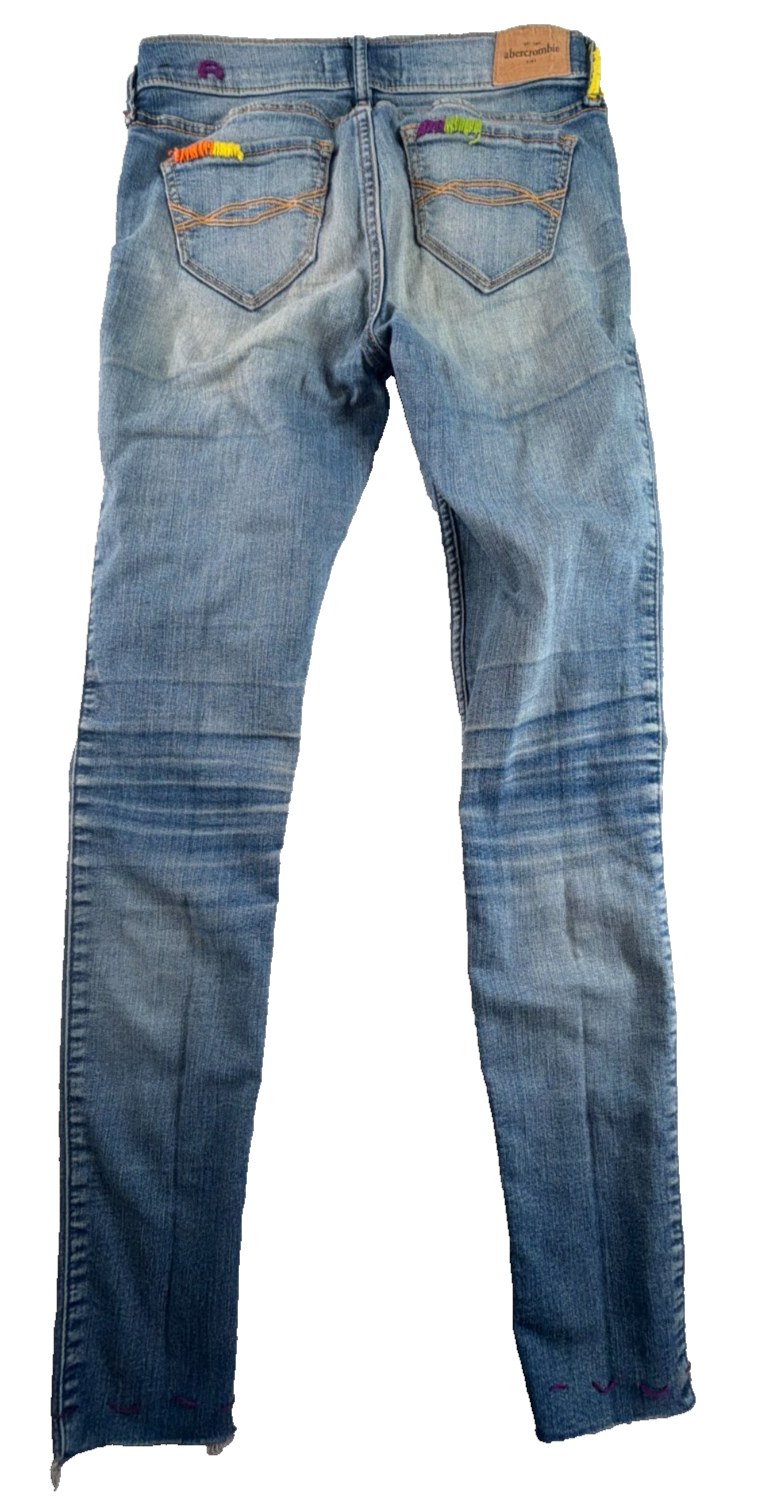 Abercrombie Kids Slim Jeans Girls 14 Distressed Patch Raw Hem Stretch Denim