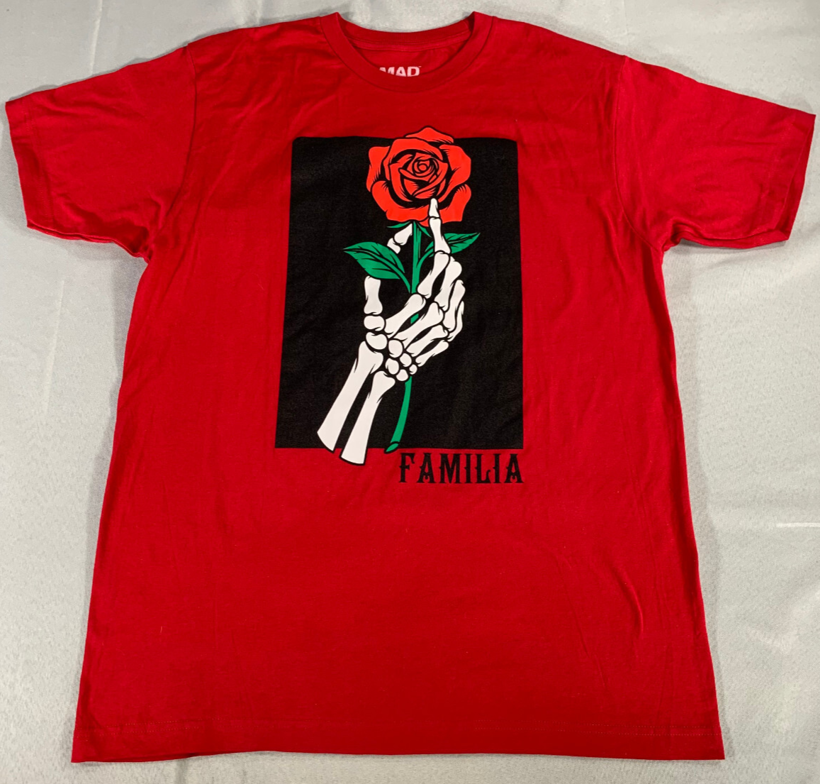 Mad Engine Familia T-Shirt XL Red Skeleton Hand Rose Graphic Tee Streetwear Art