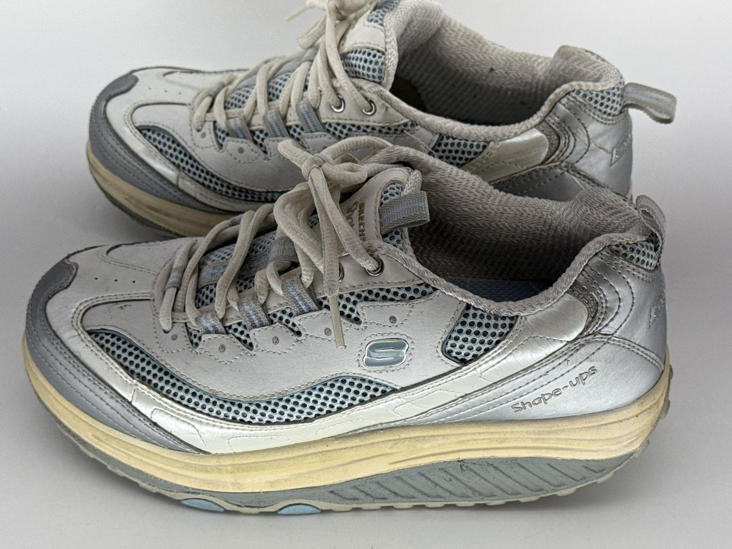 Skechers Shape Ups Toning Walking Shoes Mens 8.5 White/Gray Lace Up Leather