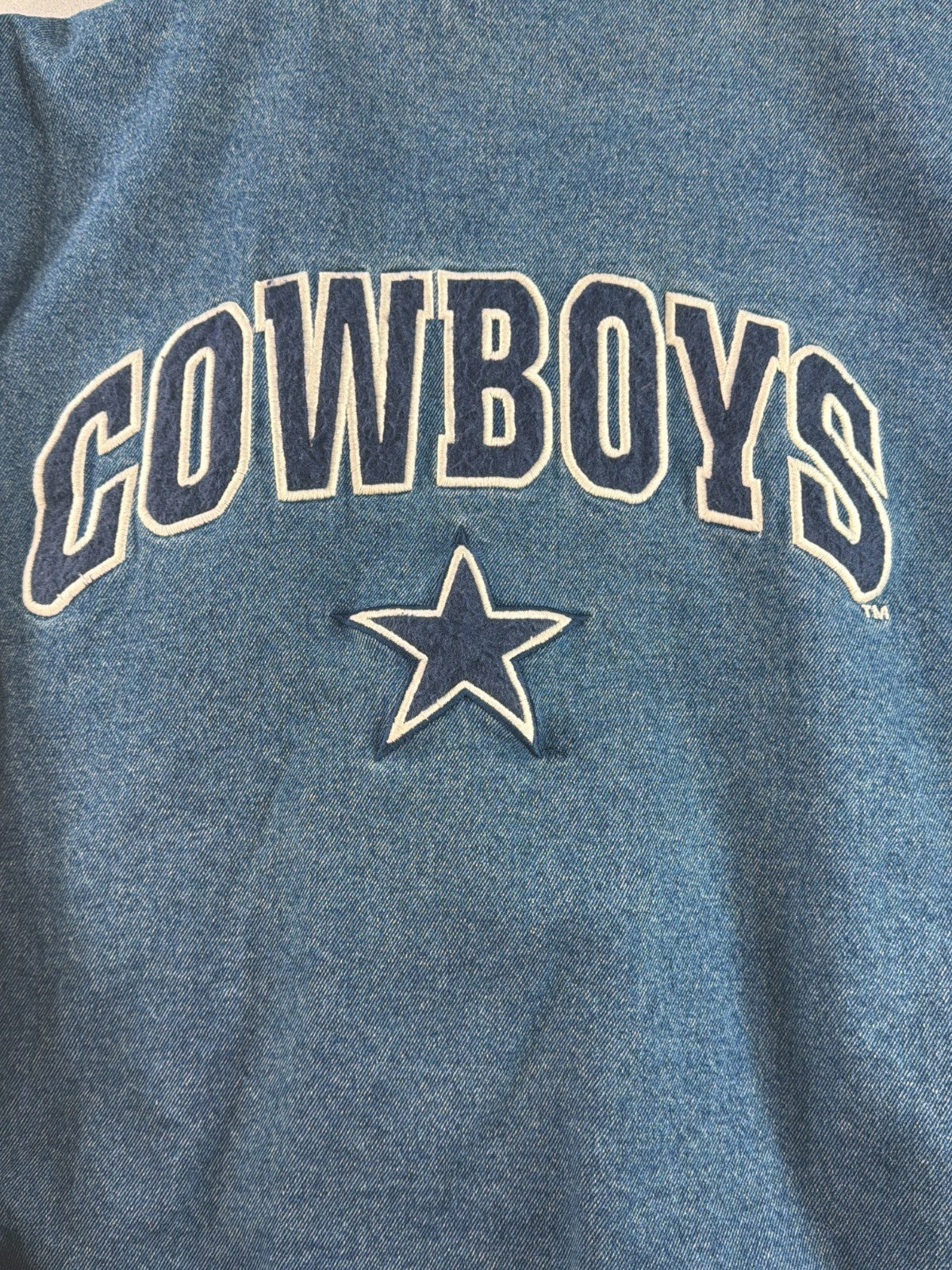 Vintage 90s Lee Sport Dallas Cowboys Denim Varsity Jacket Mens L Bomber NFL Star