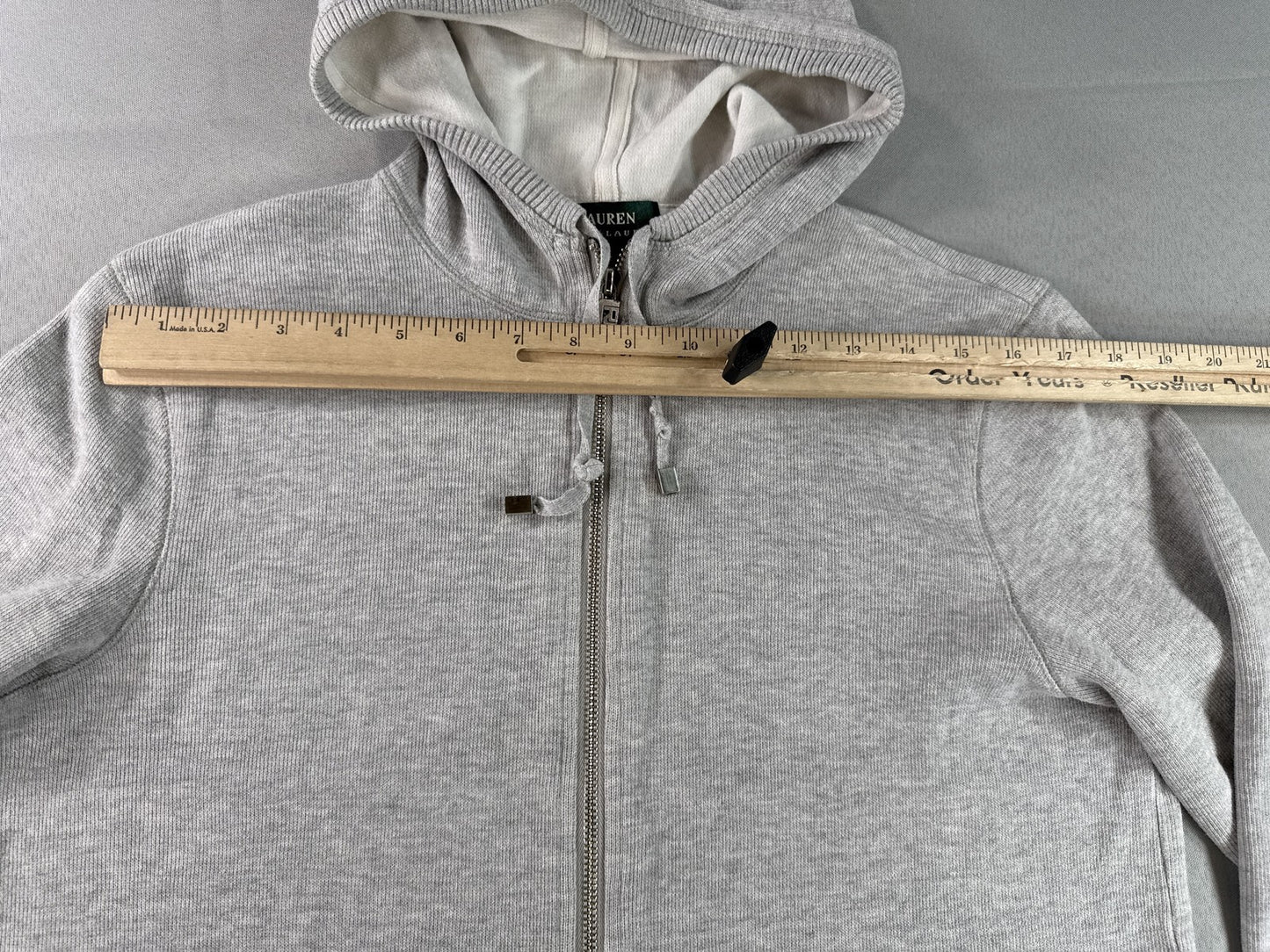 LAUREN RALPH Full Zip Hoodie L Gray 100% Cotton Regular Fit Long Sleeve