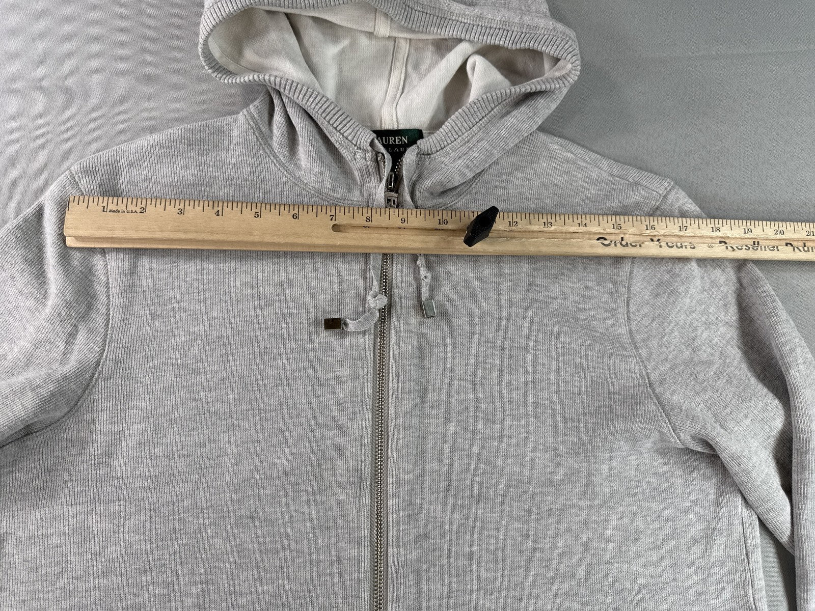 LAUREN RALPH Full Zip Hoodie L Gray 100% Cotton Regular Fit Long Sleeve