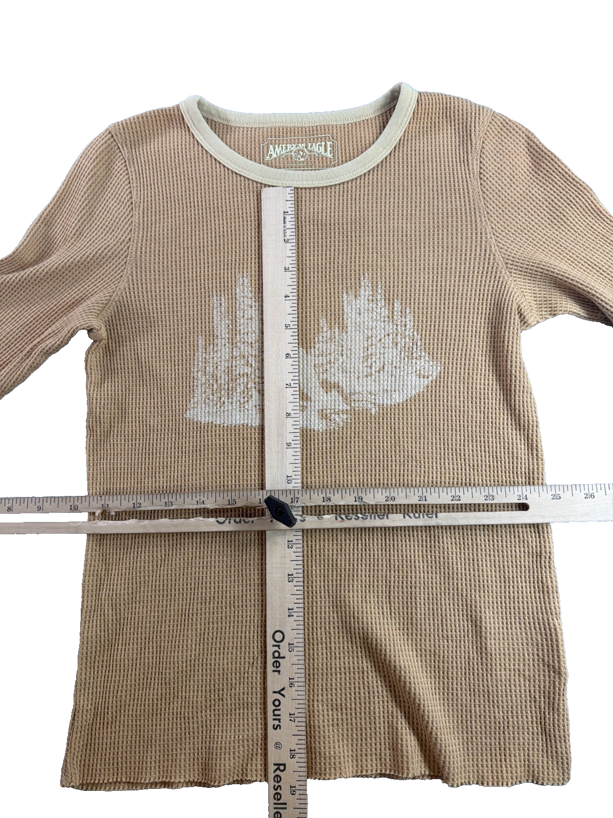 American Eagle Waffle Knit Thermal Shirt Women Small Tan Pine Tree Graphic AEO