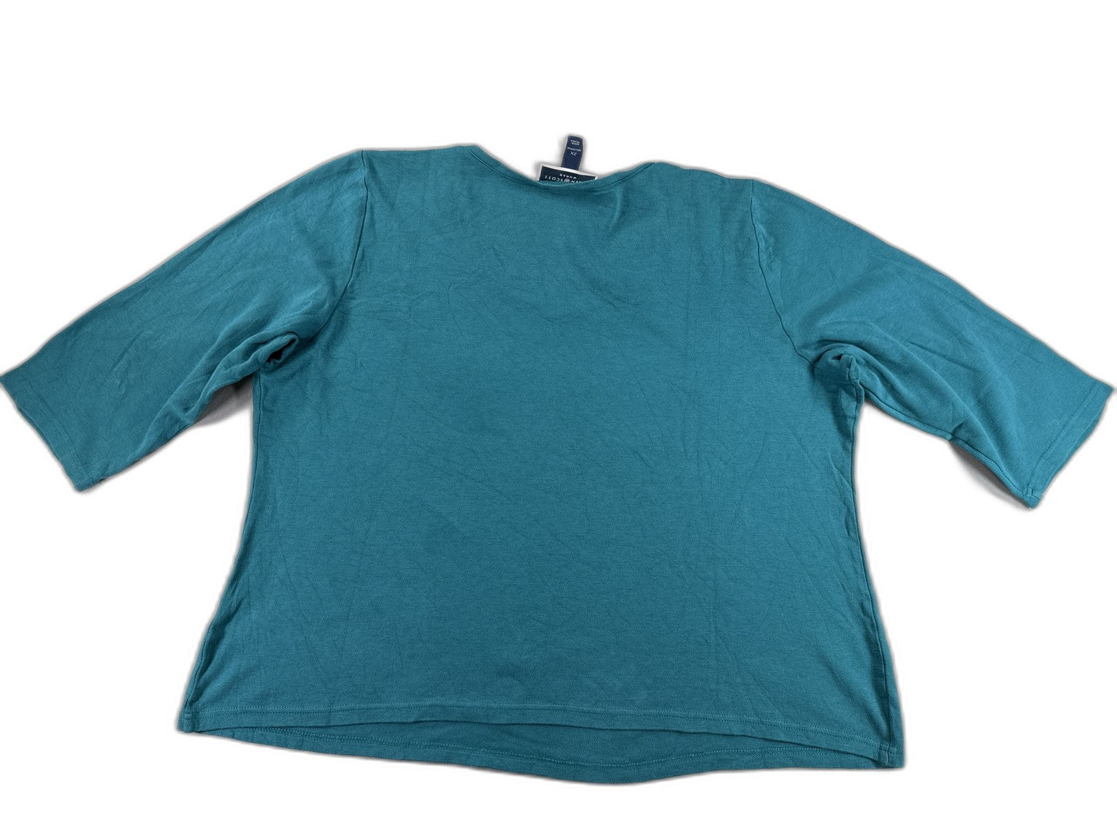 KAREN SCOTT Womens Plus 2X Teal Sleeve Neck Floral Top 100% COTTON Knit