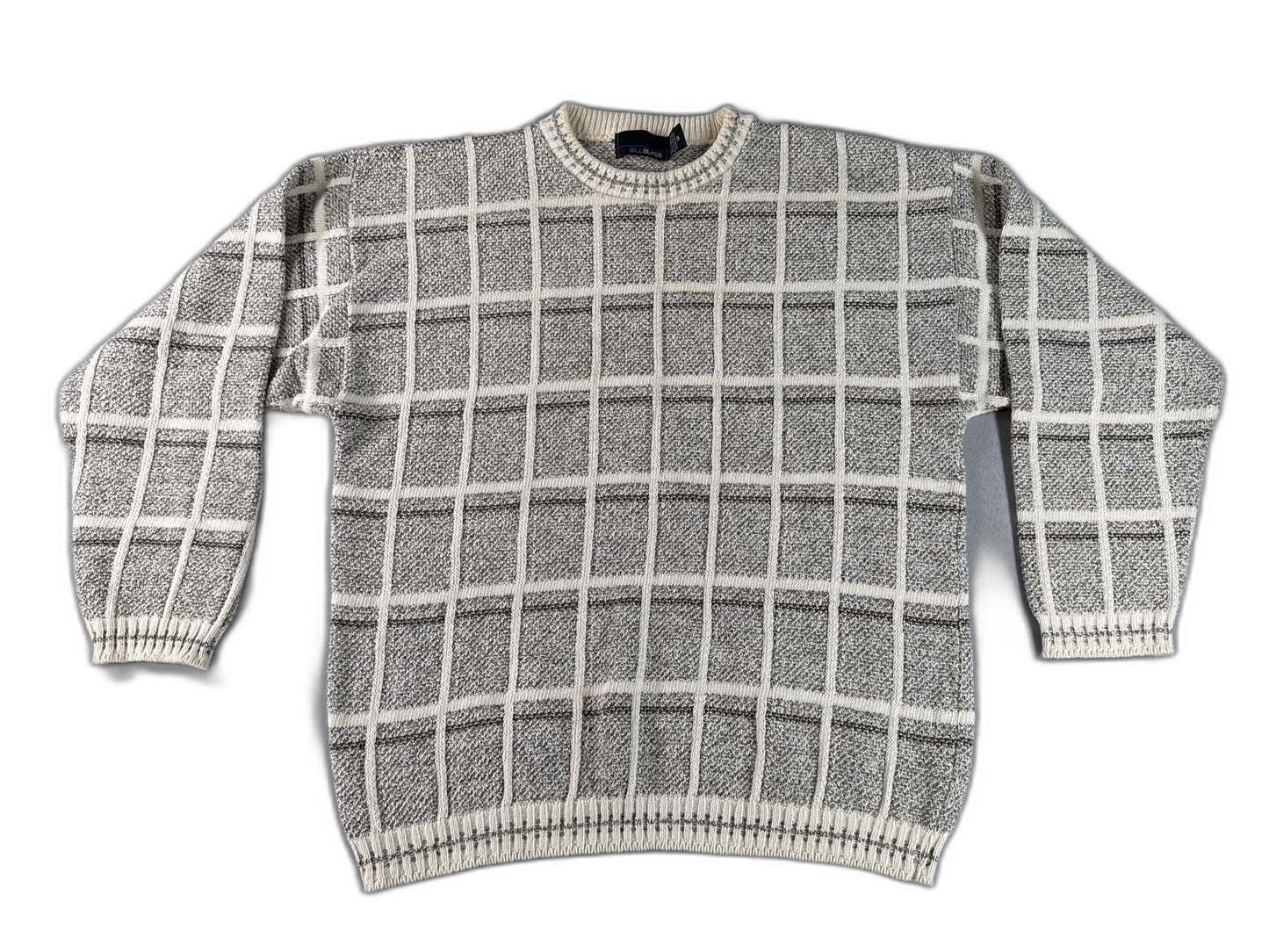 Bill Blass Checkered Crewneck Sweater M Gray Cotton Blend Long Sleeve