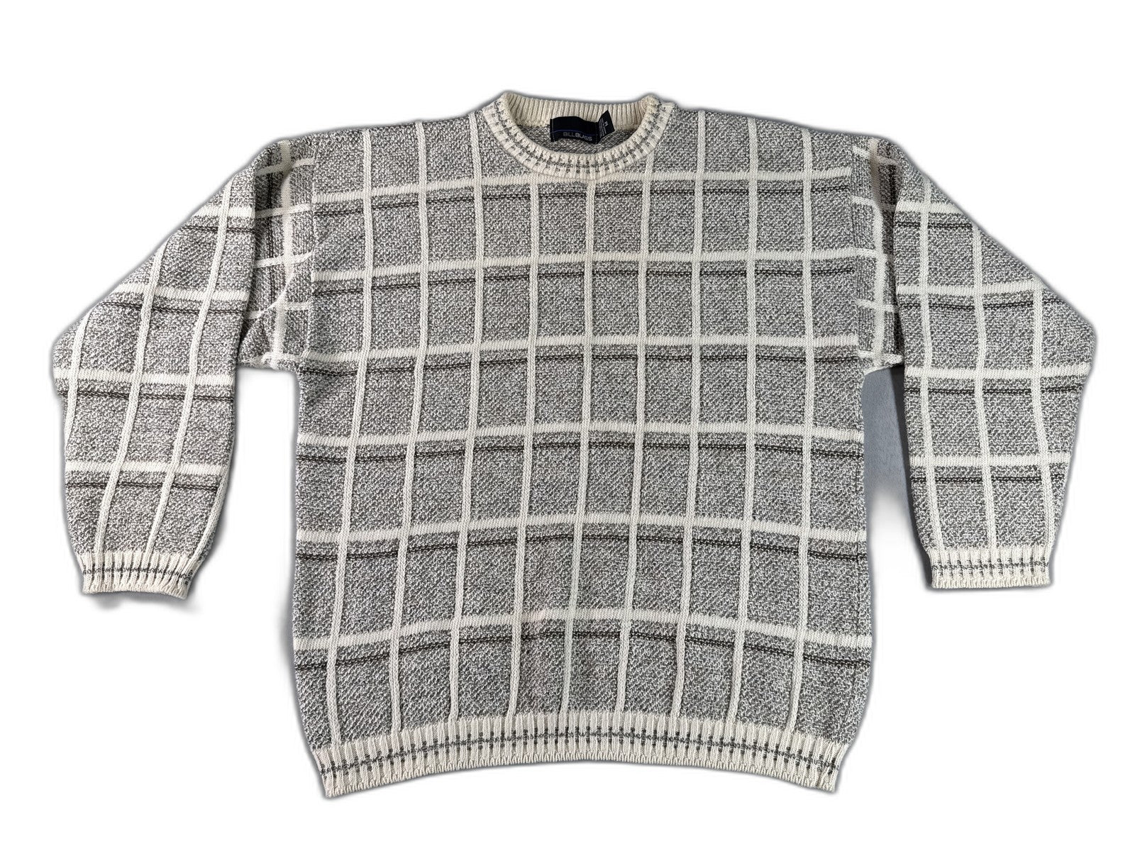 Bill Blass Checkered Crewneck Sweater M Gray Cotton Blend Long Sleeve