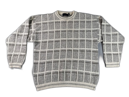 Bill Blass Checkered Crewneck Sweater M Gray Cotton Blend Long Sleeve