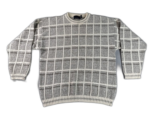 Bill Blass Checkered Crewneck Sweater M Gray Cotton Blend Long Sleeve