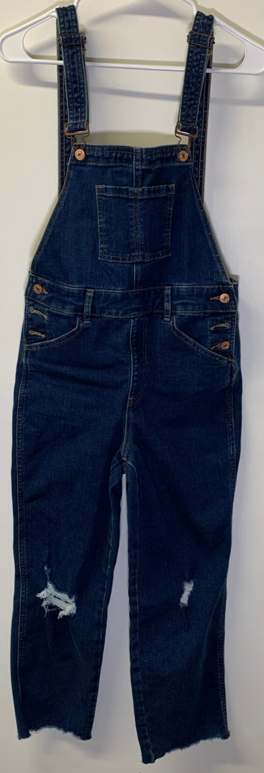 Express Womens Denim Overalls 0 Dark Wash Fray Hem Distressed Stretch Jeans 5736