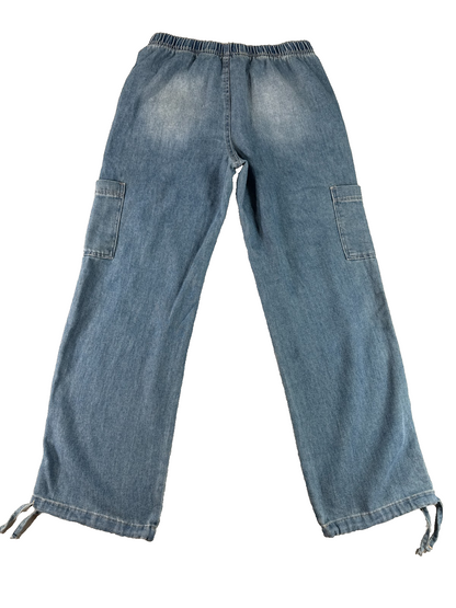 No Boundaries Cargo Jeans Womens S 4-6 Light Wash Wide Leg Drawstring Denim