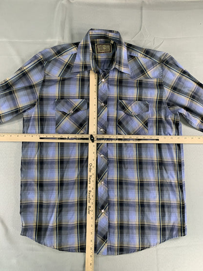 BJR Ranch Wear Shirt Mens Medium Blue Yellow Plaid Western Pearl Snap Cowboy 55