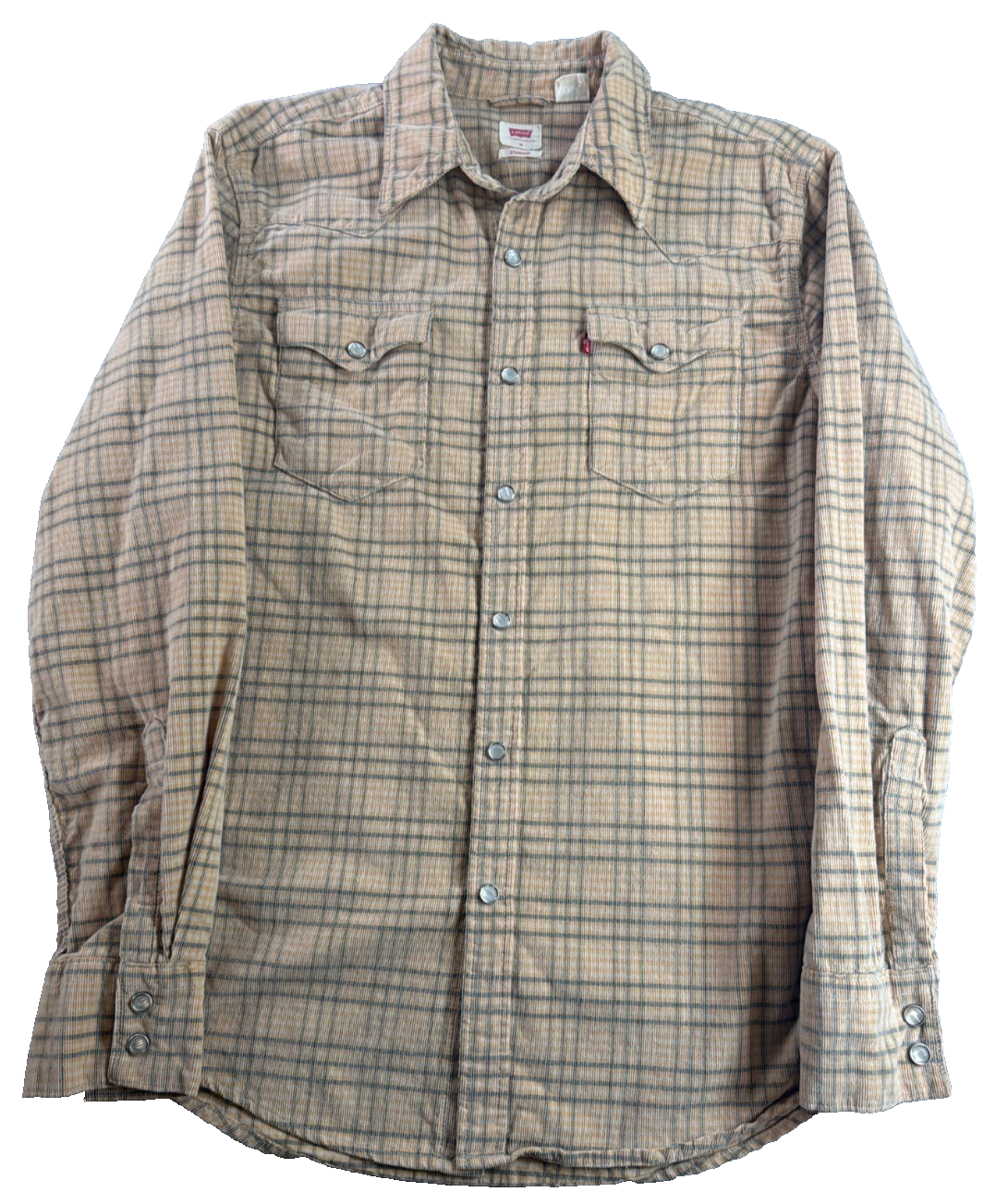 Levi's Classic Western Shirt Men Medium Tan Plaid Pearl Snap Standard Fit Rodeo