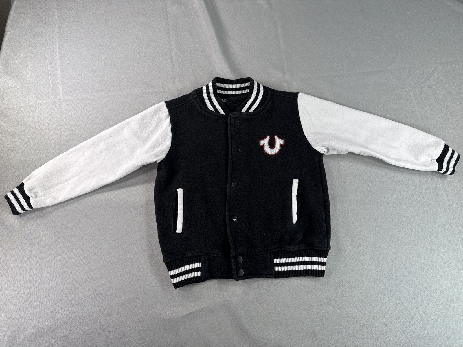 True Religion Varsity Jacket Kids M (5/6) Black White Fleece Regular Fit Snap