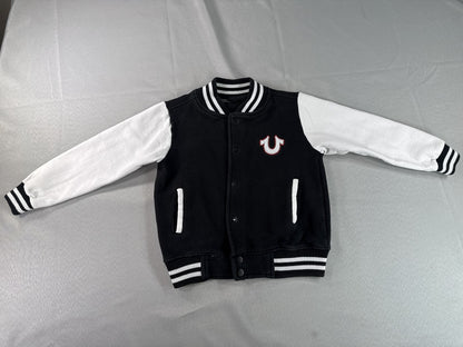 True Religion Varsity Jacket Kids M (5/6) Black White Fleece Regular Fit Snap