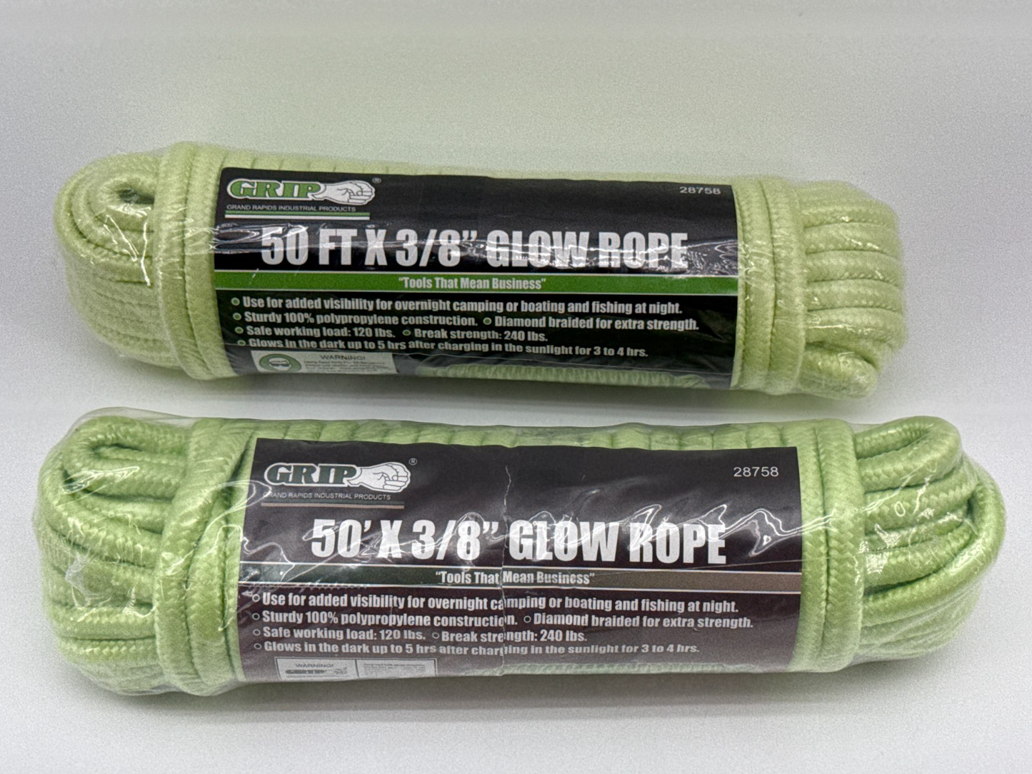 Grip Glow Rope 50FT 3/8 Polypropylene Green Glow In Dark Camping Boat Lot 2