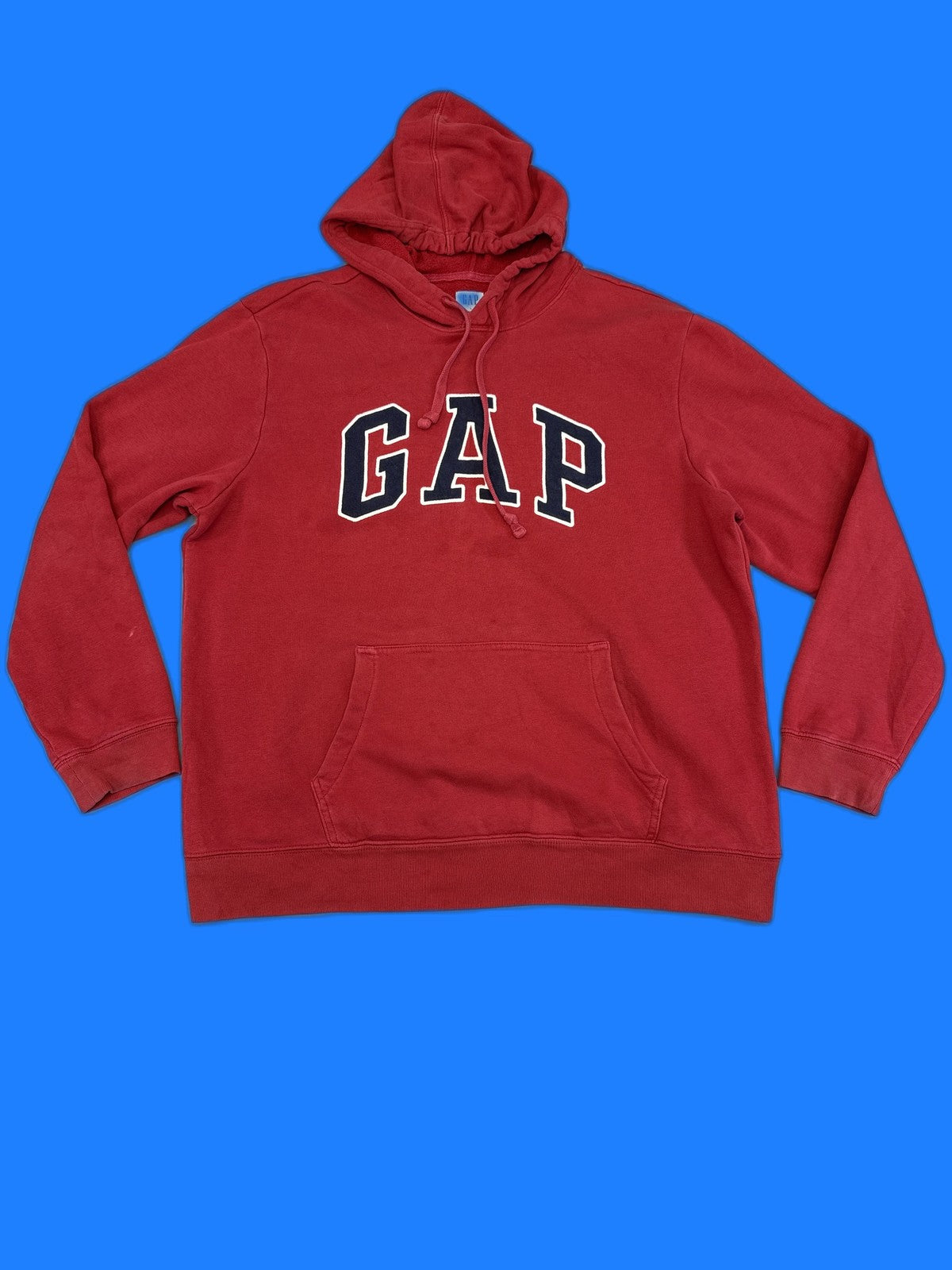 GAP Logo Pullover Hoodie Sweatshirt L Red Cotton Blend Long Sleeve Graphic