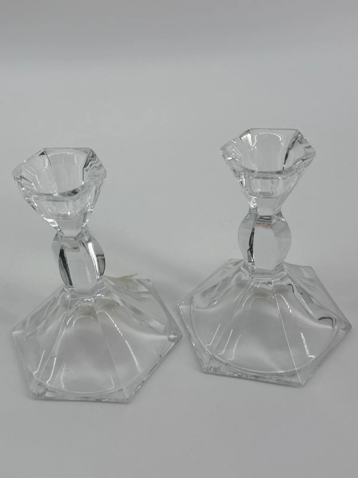 VTG 24% Lead Crystal Candle Holders Pair USA Hex Cut Clear Glass Taper Stick Set