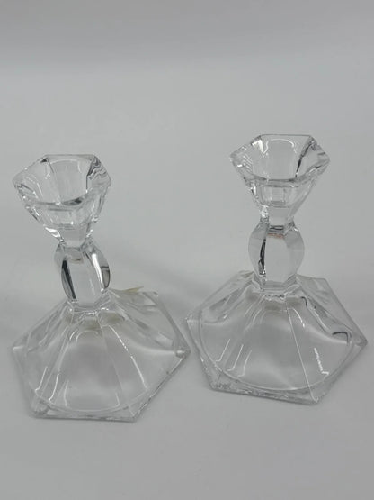 VTG 24% Lead Crystal Candle Holders Pair USA Hex Cut Clear Glass Taper Stick Set