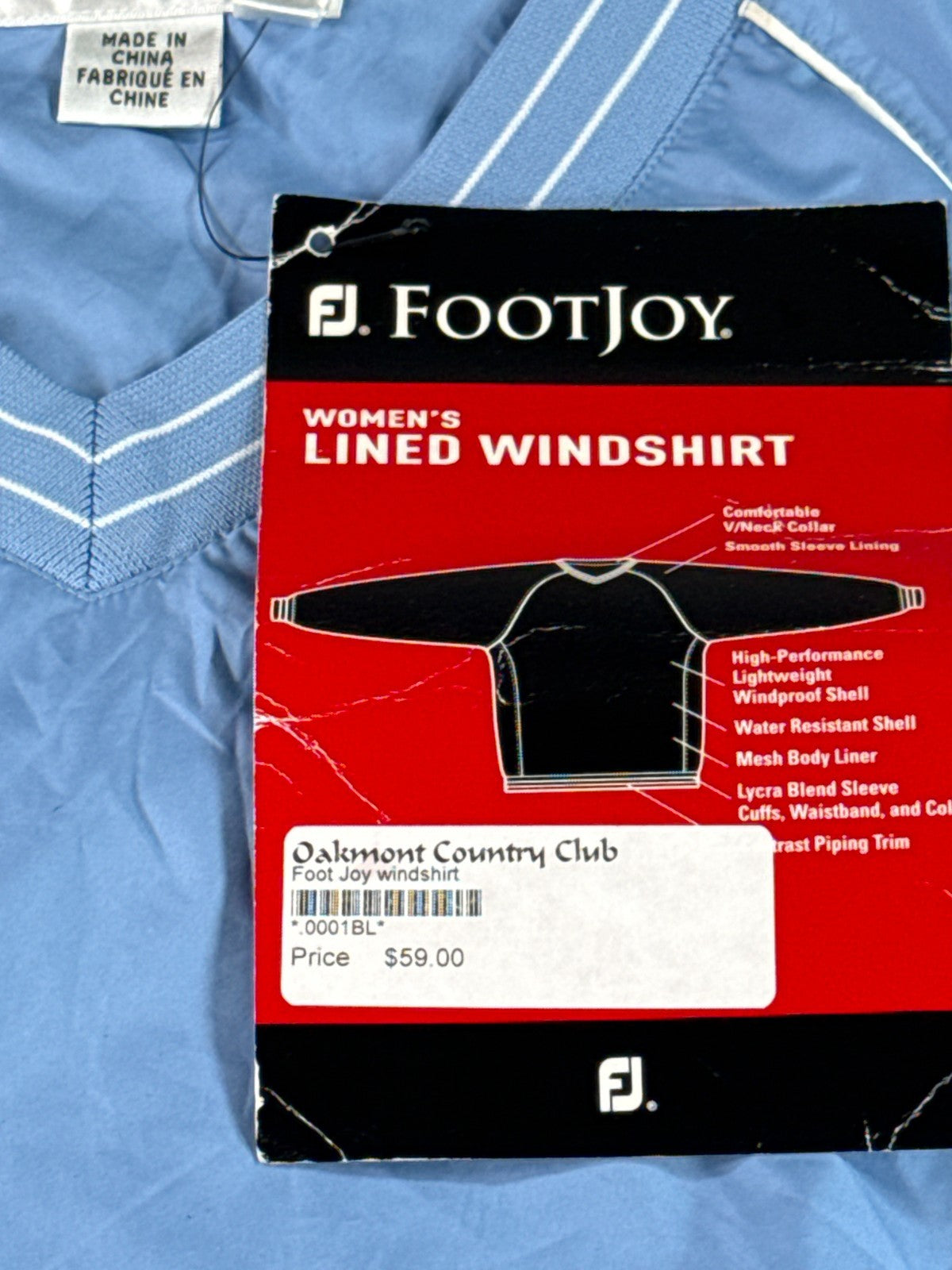 FootJoy Womens XL Lined Windshirt Light Blue Golf Pullover Oakmont Country Club