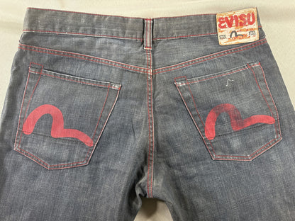 EVISU Classic Straight Leg Jeans 36 Blue 100% Cotton Faded Look Red Denim