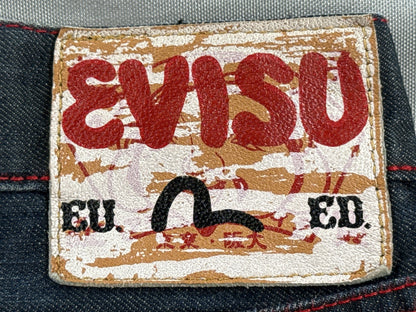 EVISU Classic Straight Leg Jeans 36 Blue 100% Cotton Faded Look Red Denim