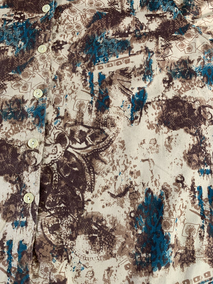 Keneth Too Shirt Womens Plus XL Beige Blue Brown Abstract Print Button Up Top