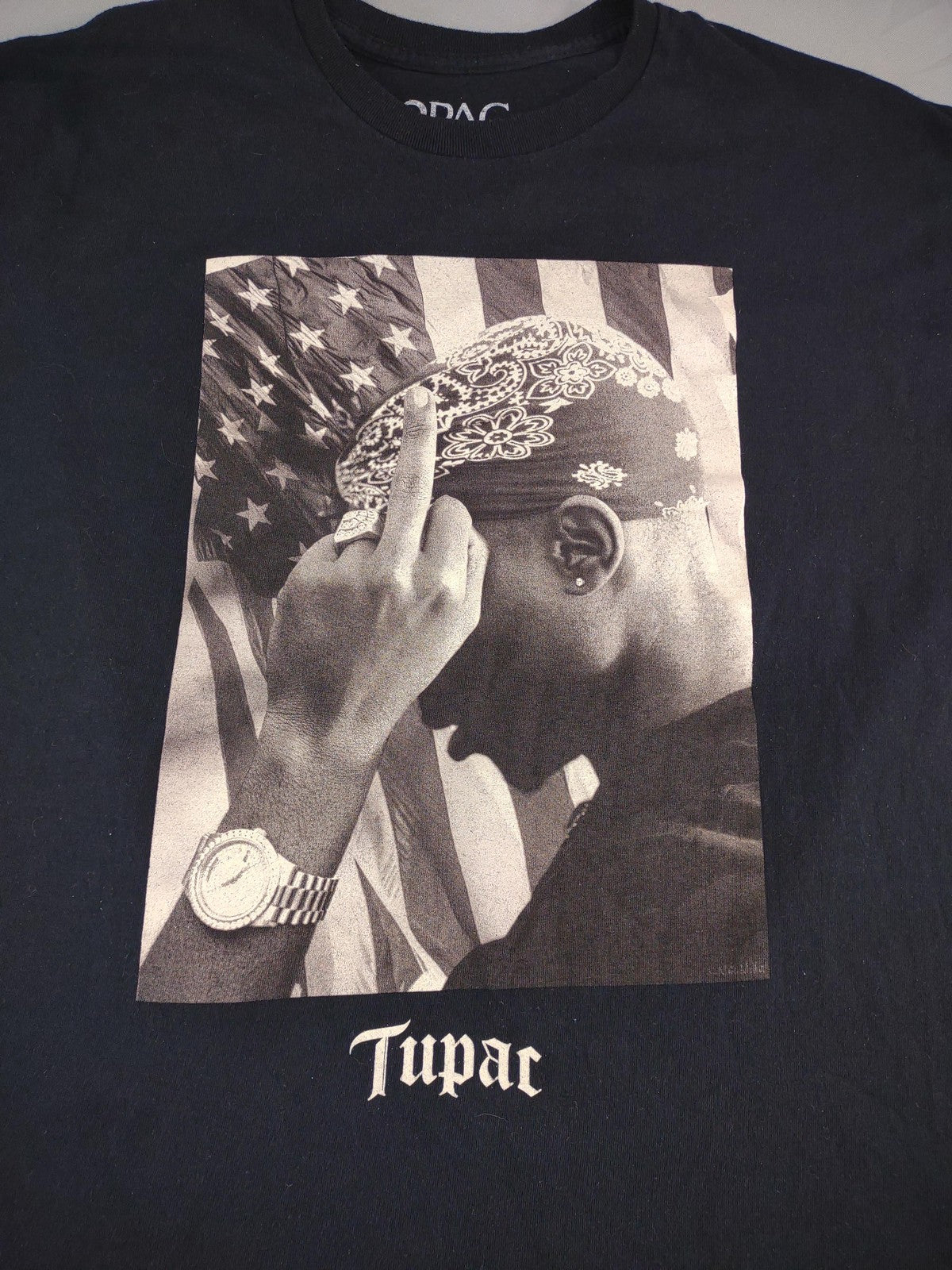 Tupac Shirt Mens XL Black Rap Hip Hop Graphic Tee 2Pac American Flag 2023 Cotton