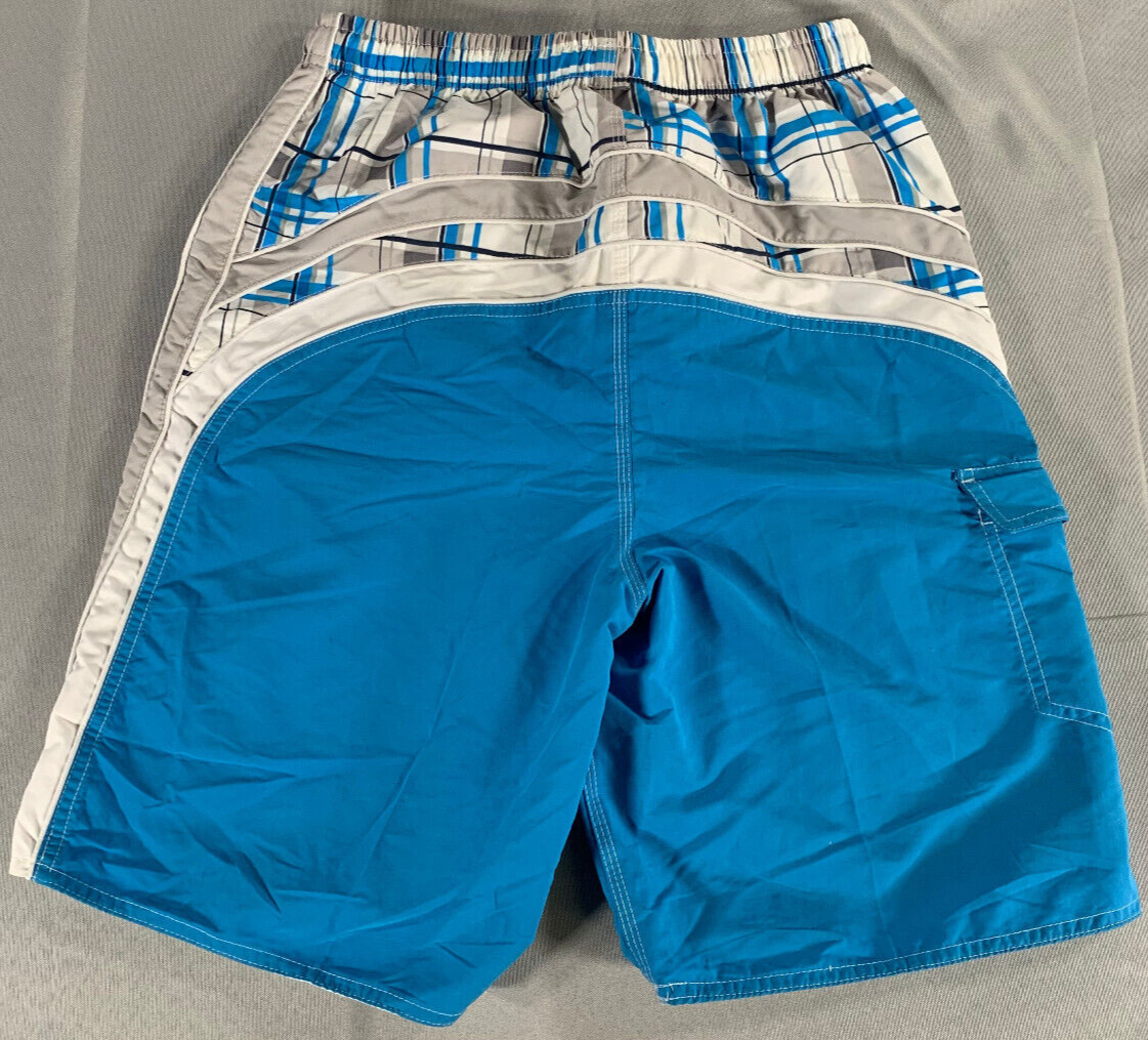 SeaWorld Swim Trunks XL Blue Gray Plaid Board Shorts Mesh Lined 18" Outseam
