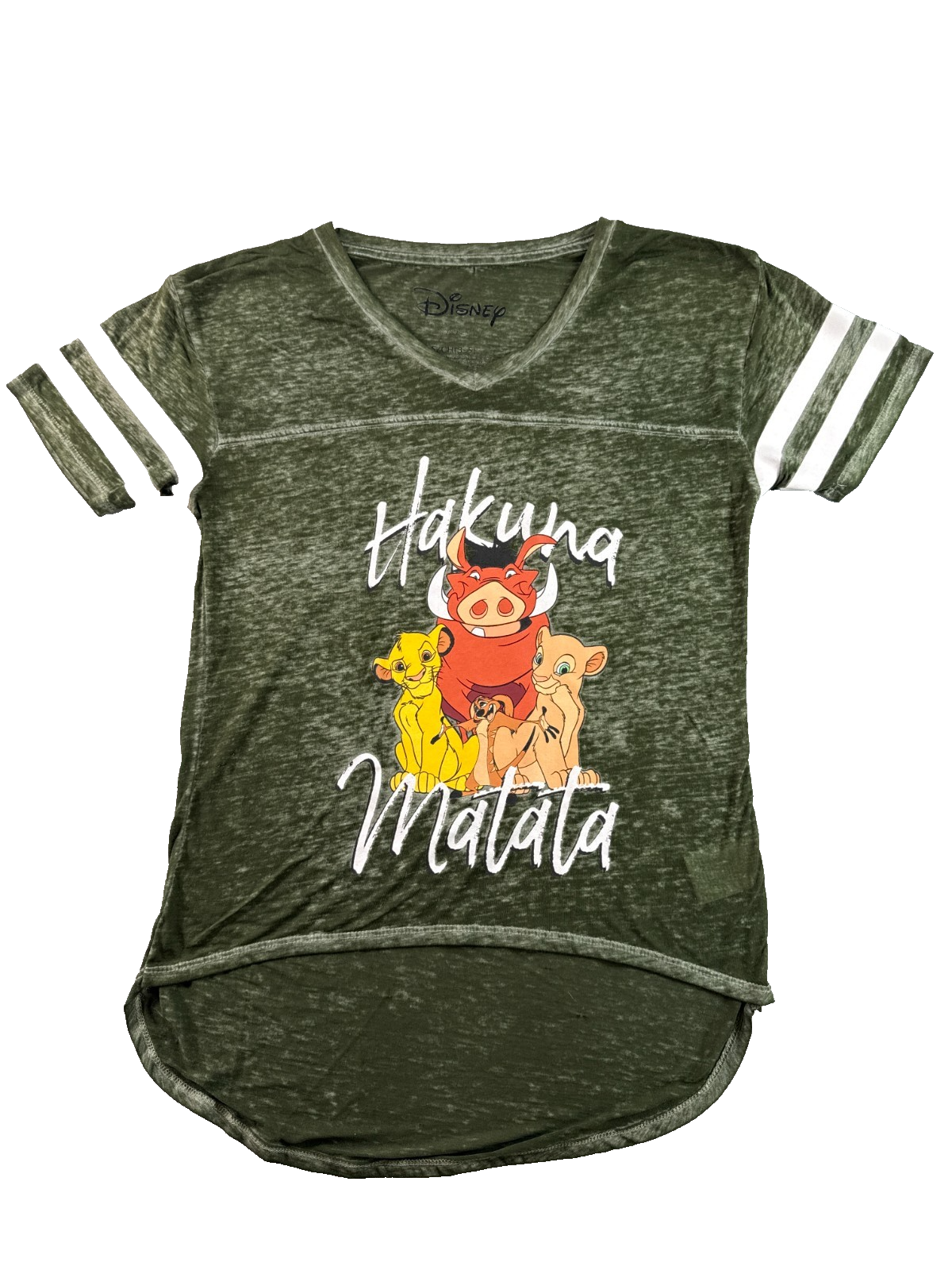 Disney Lion King Hakuna Matata Womens S Olive Green Burnout V-Neck Varsity Tee