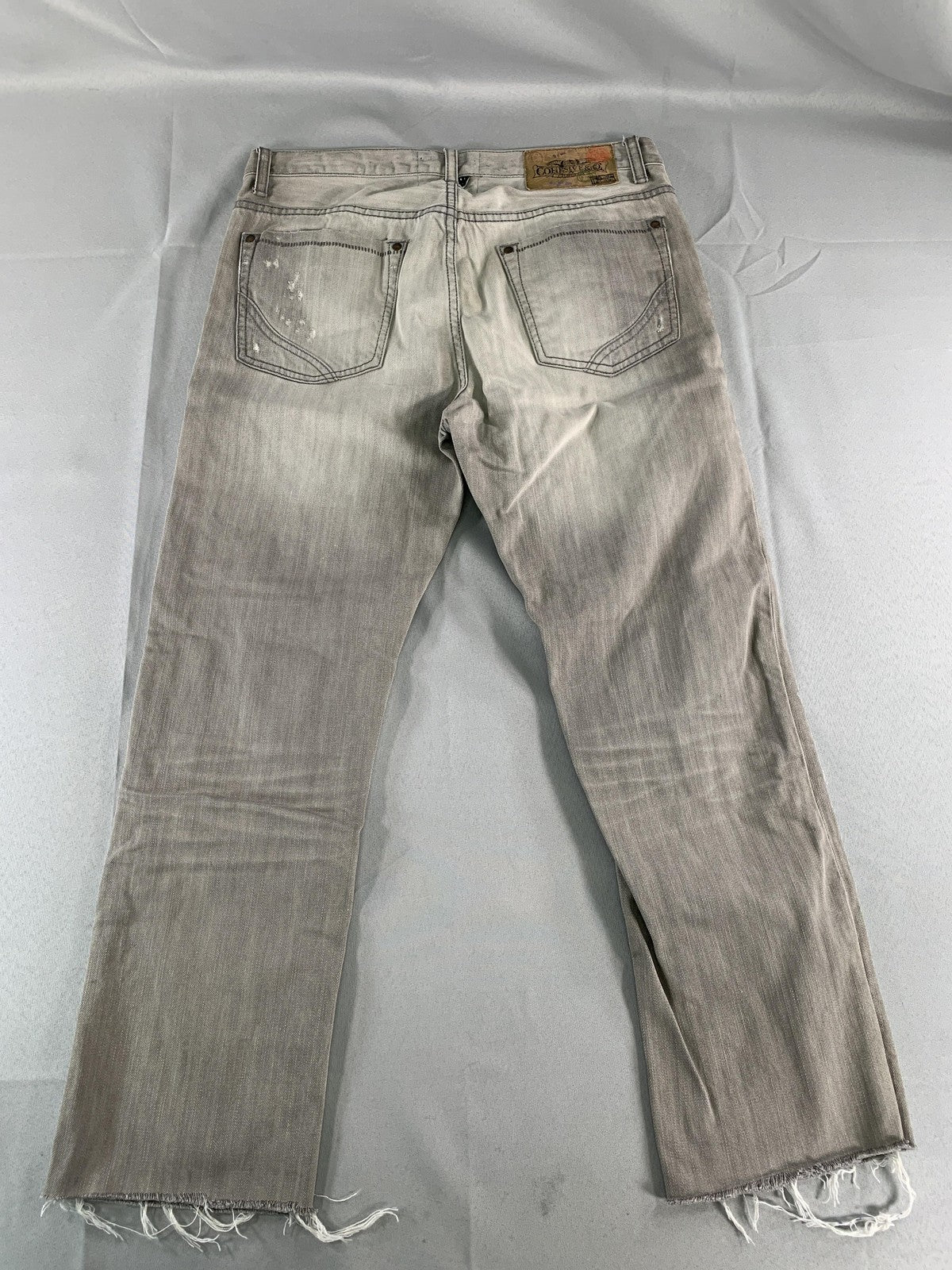 Cohesive & Co Jeans Mens 34x31 Gray Distressed Straight Leg Button Fly Raw Edge