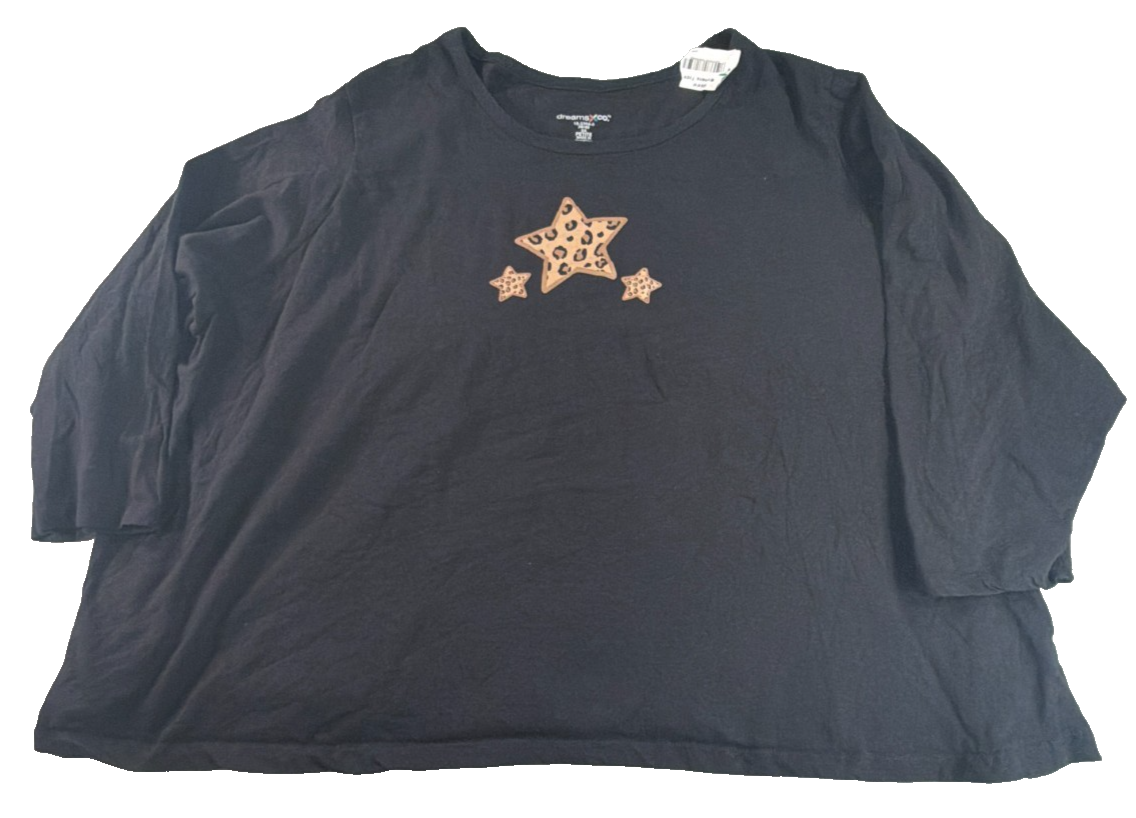 Dreams Co Women 5X Petite Long Sleeve Top Black Leopard Star Print Plus Sleep