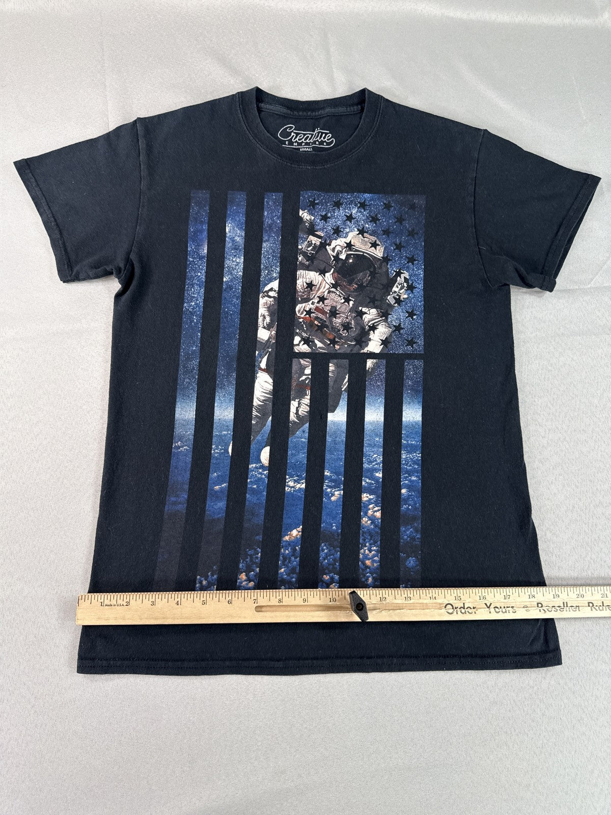 Creative Astronaut Flag Graphic Tee SMALL Black Cotton Crewneck Short Sleeve Men