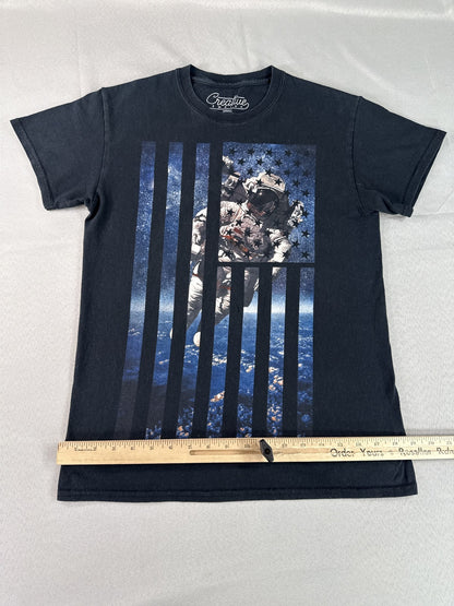Creative Astronaut Flag Graphic Tee SMALL Black Cotton Crewneck Short Sleeve Men
