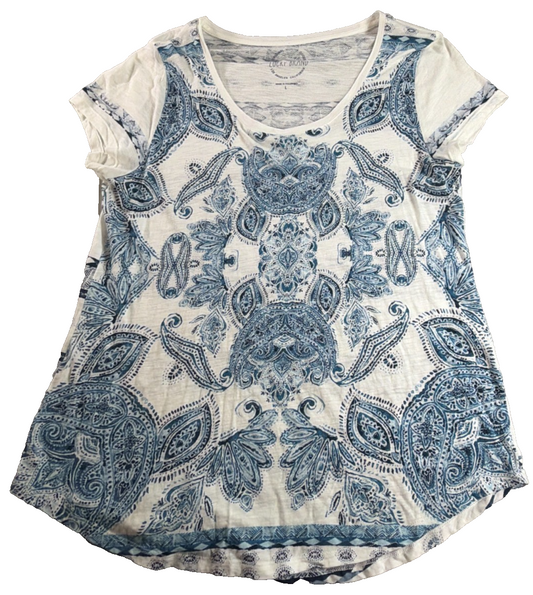 Lucky Brand Womens L White Blue Paisley Boho Short Sleeve Tee Shirt Top LA NWT